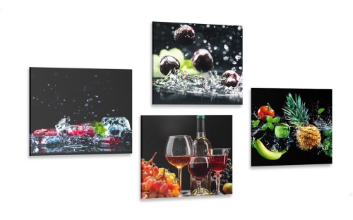 Set obrazov víno a kúsky ovocia na čiernom pozadí