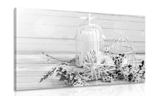 Obraz čerešňová vetvička a lucerničky v čiernobielom prevedení