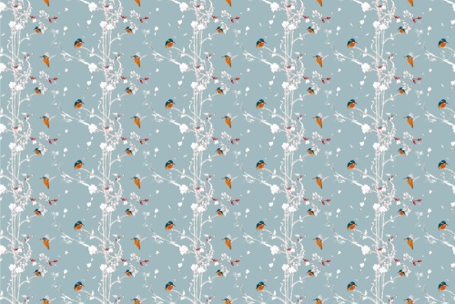 Tapeta vtáčiky v hustom lese s modrým pozadím - 75x1000 cm