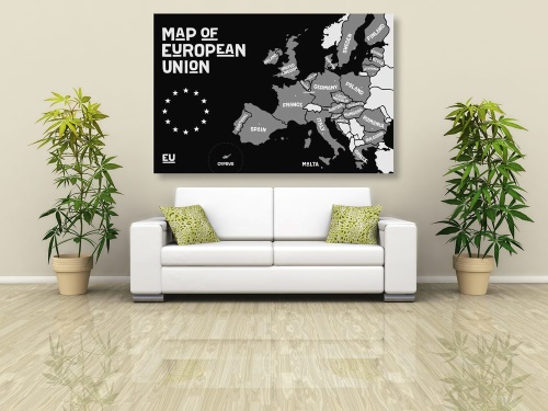 Obraz náučná mapa s názvami krajín európskej únie v čiernobielom prevedení
