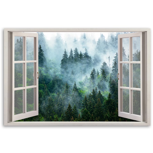 Obraz na plátně, Okno zeleného lesa v přírodě mlhy