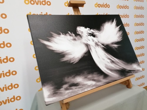 Obraz podoba anjela v oblakoch v čiernobielom prevedení
