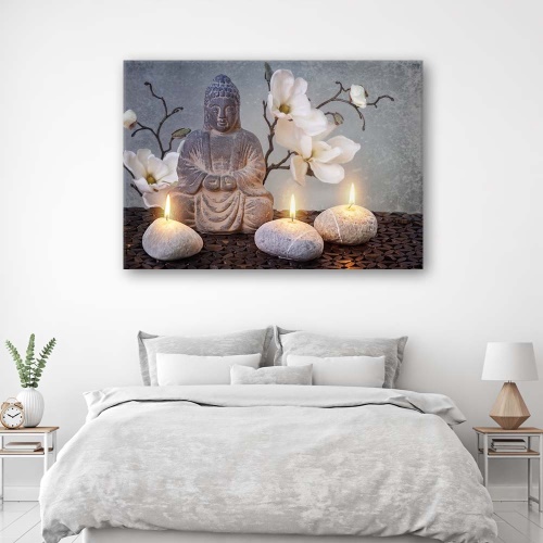 Obraz na plátně, Buddha šedé květiny kámen