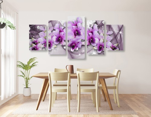 5-dielny obraz fialové kvety na abstraktnom pozadí