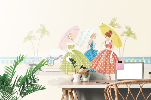 Samolepiaca tapeta retro dámy s dáždnikmi
