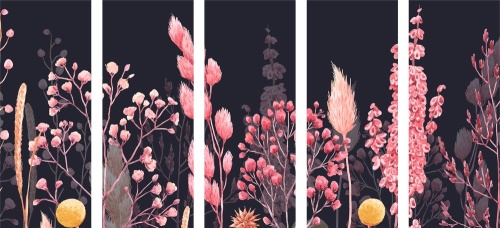 5-dielny obraz variácie trávy v ružovej farbe