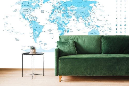 Samolepiaca tapeta detailná mapa sveta v modrej farbe