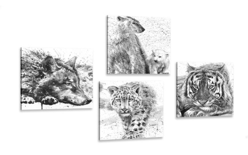 Set obrazov zvieratá v  čiernobielom akvarelovom prevedení