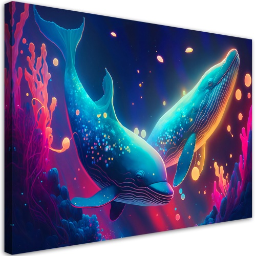 Obraz na plátně, Neonové velryby pod vodou