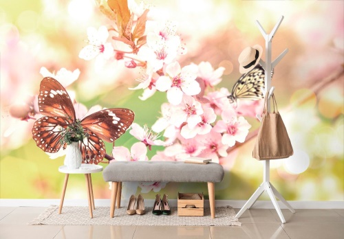 Samolepiaca tapeta jarné kvety s exotickými motýľmi