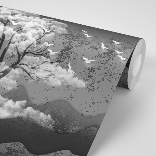 Samolepiaca tapeta čiernobiely strom zaliaty oblakmi