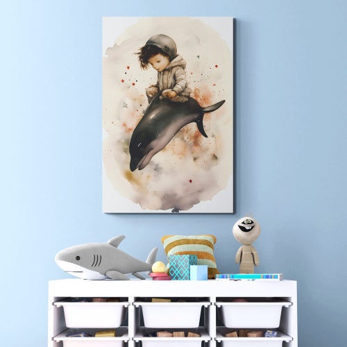 Obraz zasnený chlapček s delfínom