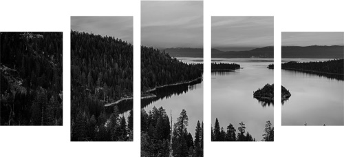 5-dielny obraz jazero pri západe slnka v čiernobielom prevedení