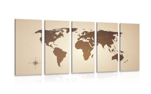5-dielny obraz mapa sveta v odtieňoch hnedej