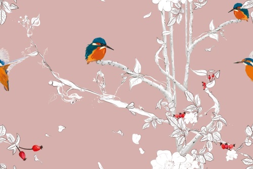 Tapeta vtáčiky v hustom lese s ružovým pozadím - 75x1000 cm