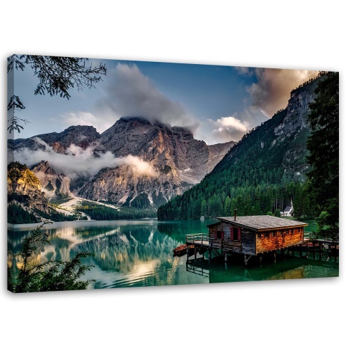 Obraz na plátně Chata u horského jezera v Dolomitech