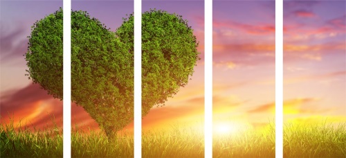 5-dielny obraz strom v tvare srdca na lúke