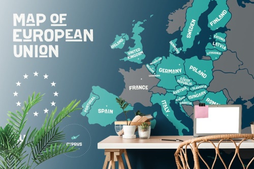 Samolepiaca tapeta náučná mapa s názvami krajín EÚ