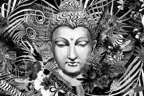 Obraz Budha na exotickom pozadí v čiernobielom prevedení