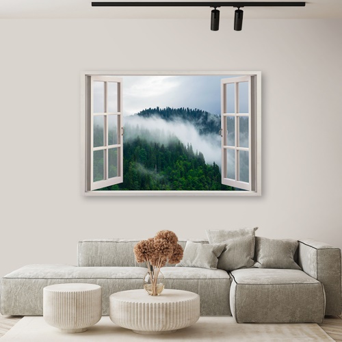 Obraz na plátně, Les v pohledu na mlhu z okna