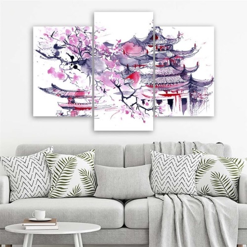 Obraz na plátně třídílný Japonský dům Akvarel Lilac