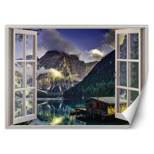 Fototapeta, Okno s pohledem na jezero v horách příroda
