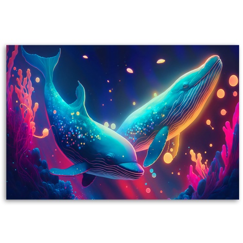 Obraz na plátně, Neonové velryby pod vodou