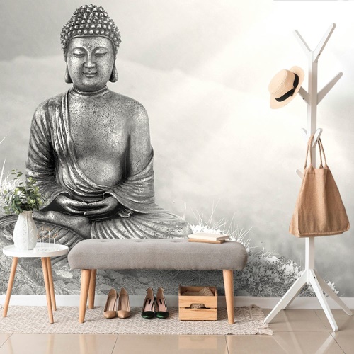 Samolepiaca tapeta čiernobiely Budha v meditujúcej polohe