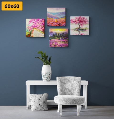 Set obrazov nádherná imitácia olejomaľby v ružovej farbe