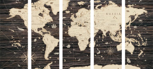 5-dielny obraz mapa na drevenom pozadí