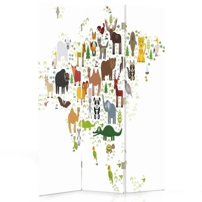 Ozdobný paraván, Mapa světa se zvířaty - 110x170 cm, trojdielny, obojstranný paraván 360°