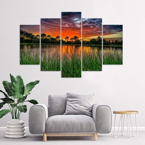 Obraz na plátně pětidílný Západ slunce u jezera