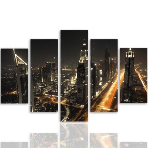Obraz na plátně pětidílný Dubaj v noci Panorama města