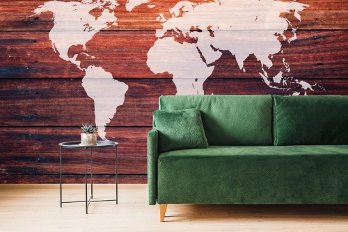 Samolepiaca tapeta mapa sveta s dreveným pozadím