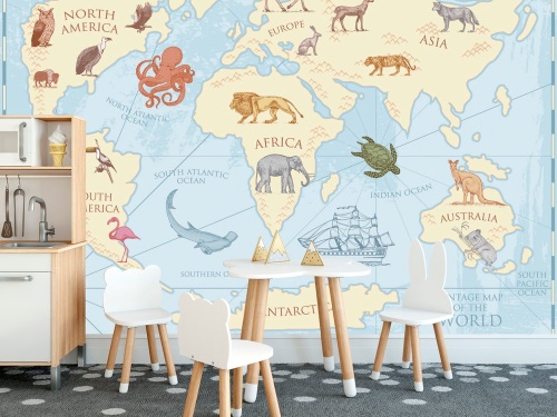 Samolepiaca tapeta mapa sveta so zvieratami