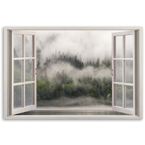 Obraz na plátně, Lesní okno v mlzeném jezeře