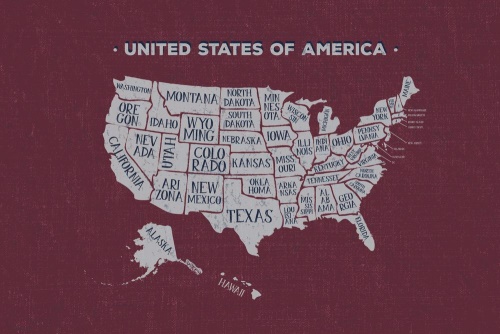 Samolepiaca tapeta náučná mapa USA s bordovým pozadím