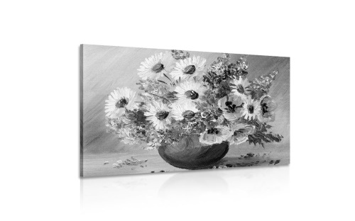Obraz olejomaľba letných kvetov v čiernobielom prevedení