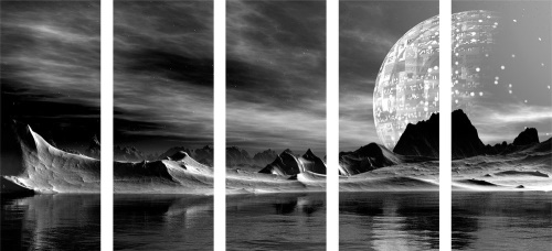 5-dielny obraz futuristická planéta v čiernobielom prevedení