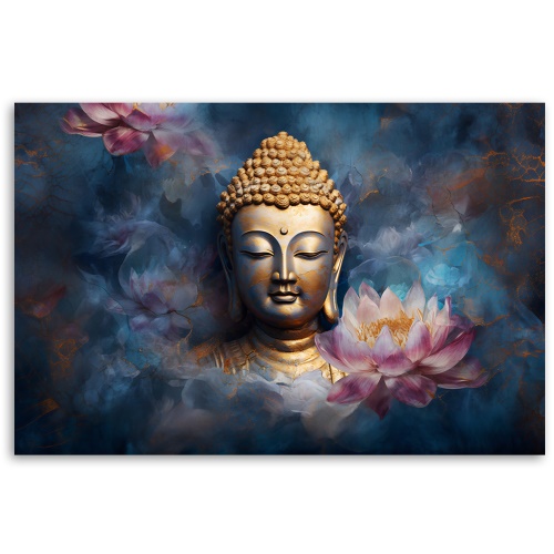 Obraz na plátně, zlatý buddha abstraktní lotosové květy