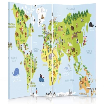 Ozdobný paraván, Mapa světa pro děti - 145x170 cm, štvordielny, obojstranný paraván 360°