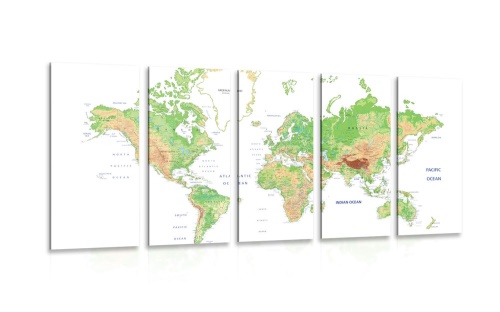 5-dielny obraz klasická mapa sveta s bielym pozadím