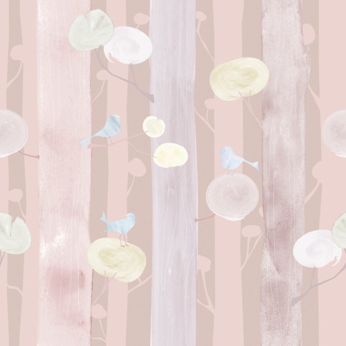 Samolepiaca tapeta vtáčiky na stromoch s ružovým pozadím - 75x1000 cm
