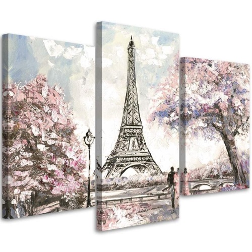 Obraz na plátně třídílný Eiffelova věž Paříž růžová malovaná