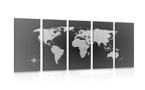 5-dielny obraz mapa sveta v odtieňoch sivej