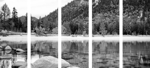 5-dielny obraz jazero v nádhernej prírode v čiernobielom prevedení