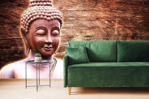 Samolepiaca tapeta socha Budhu na drevenom pozadí