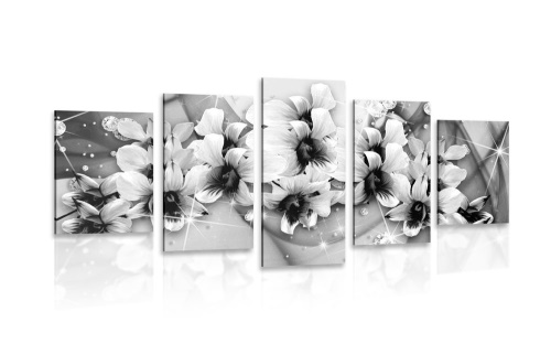 5-dielny obraz čiernobiele kvety na abstraktnom pozadí