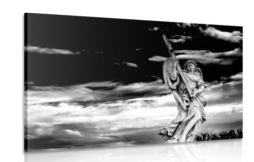 Obraz anjel s krížom v čiernobielom prevedení