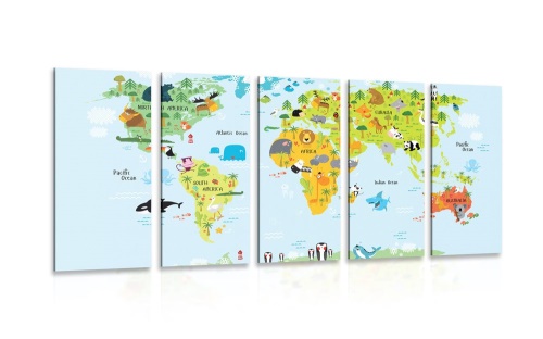 5-dielny obraz detská mapa sveta so zvieratkami